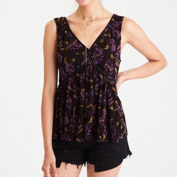 American Eagle Black & Purple Floral Babydoll Sleeveless Blouse Size Medium - Picture 1 of 5